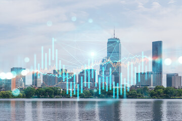 Skyscrapers Cityscape Downtown View, Boston Skyline Buildings. Beautiful Real Estate. Day time. Forex Financial graph and chart hologram. Business education concept.