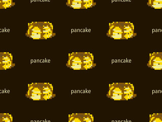 Pancake cartoon character seamless pattern on brown background. Pixel style