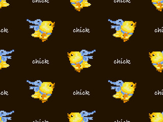 Chick cartoon character seamless pattern on brown background. Pixel style