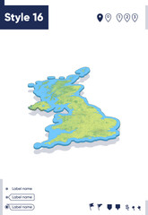United Kingdom - map with shaded relief, land cover, rivers, mountains. Biome map with shadow.