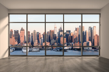 Midtown New York City Manhattan Skyline Buildings from High Rise Window. Beautiful Expensive Real Estate. Empty room Interior Skyscrapers View Cityscape. Sunset West Side. 3d rendering. © VideoFlow
