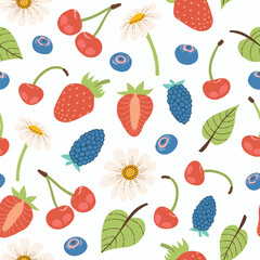 Vector seamless pattern with berries, leaves and flowers.