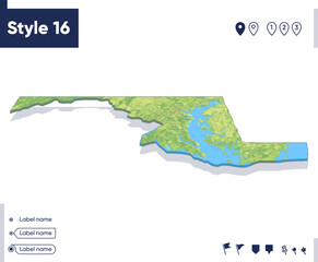 Maryland, USA - map with shaded relief, land cover, rivers, mountains. Biome map with shadow.