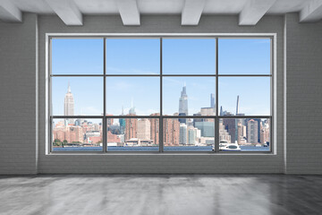 Midtown New York City Manhattan Skyline Buildings from High Rise Window. Beautiful Expensive Real Estate. Empty room Interior Skyscrapers View Cityscape. Day time. East side. 3d rendering.