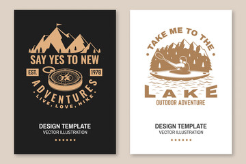 Set of camping inspirational quotes. Vector. Concept for flyer, brochure, banner, poster. Vintage typography design with compass, man in canoe, lake and mountain silhouette.
