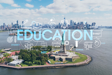 Aerial panoramic helicopter city view of Lower Manhattan, Downtown, New York, New Jersey, and Statue of Liberty. Technologies and education concept. Academic research, top ranking university, hologram © VideoFlow