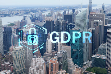 Fototapeta na wymiar Aerial panoramic city view of Time Square area, Manhattan West Side and the Hudson River, New York city, USA. GDPR hologram, concept of data protection regulation and privacy for all individuals