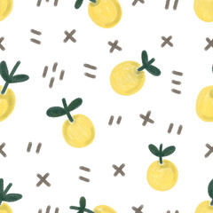 Simple vector pattern on a white background with lemons, crosses and sticks in Scandinavian style. Children's watercolor doodles for print, background, postcards, wrappers, textiles, kitchen, kids