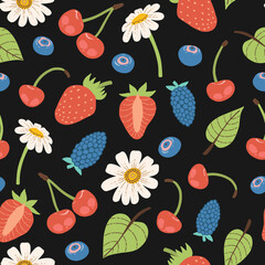 Vector seamless pattern with berries, leaves and flowers.
