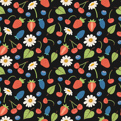 Fototapeta na wymiar Vector seamless pattern with berries, leaves and flowers.