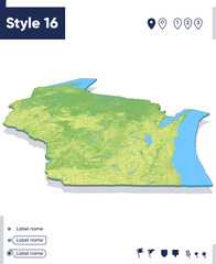 Wisconsin, USA - map with shaded relief, land cover, rivers, mountains. Biome map with shadow.
