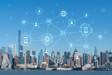 New York City skyline from New Jersey over the Hudson River towards Midtown Manhattan at day time. Social media hologram. Concept of networking and establishing new people connections