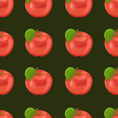 Seamless pattern. The apple is red, ripe, with a green leaf on a dark green or dark background. Vector graphics. Fruits, vegetables, vitamins, minerals. Proper nutrition. Harvesting and agriculture.