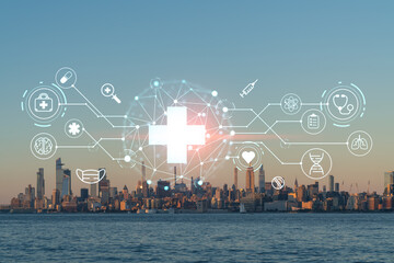 Obraz premium New York City skyline from New Jersey over Hudson River with Hudson Yards skyscrapers at sunset. Manhattan, Midtown. Health care digital medicine hologram. The concept of treatment, disease prevention