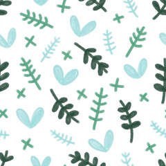 Fototapeta premium Cute vector pattern in mint pastel colors in Scandinavian style on a white background. Hearts and twigs in watercolor style for prints, backgrounds, postcards, textiles, kitchen, decor, kids