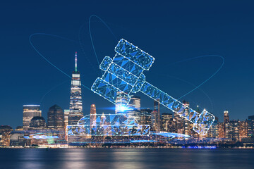 Skyline of New York City Financial Downtown Skyscrapers at night. Manhattan, NYC, USA. View from New Jersey. Glowing hologram legal icons. The concept of law, order, regulations and digital justice