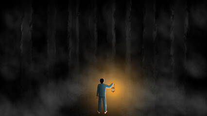 A boy in pajamas holding a lantern is alone in a mysterious forest. The dream of a child trapped in a dark and terrifying forest. Digital art style. illustration painting - obrazy, fototapety, plakaty