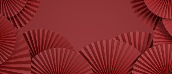 Chinese luxury 3d product display red background. Happy Chinese new year concept paper fan. 3d rendering illustration.
