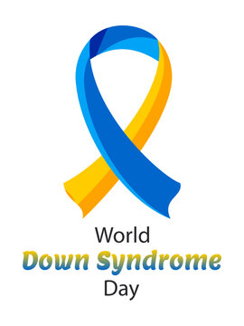 World Down Syndrome Day. The symbol is a yellow and blue ribbon. 21 March. Vertical white poster. Vector.