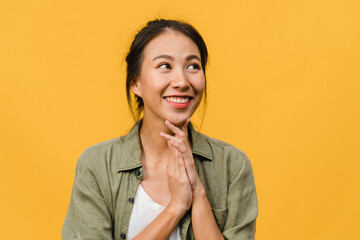 Portrait of young Asia lady with positive expression, smile broadly, dressed in casual clothing...