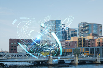 Panorama city view of Boston Harbour at day time, Massachusetts. Building exteriors of financial downtown. Startup company, launch project to seek and develop scalable business model, hologram sketch