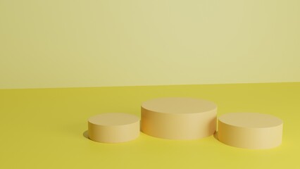 Yellow podiums, pedestals on yellow  background. 3D Render