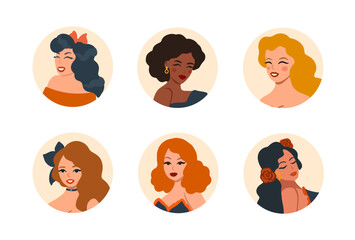 Retro Woman with different skin colors round avatars. Flat cartoon illustration. Vector cute Highlights.
