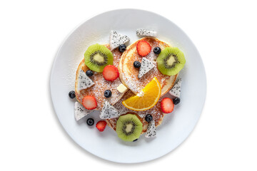 Top View of fresh pancakes with fruits, on isolated White Background, and have attached clipping path.