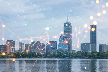 Fototapeta na wymiar Panorama skyline, city view of Boston at day time, Massachusetts. Financial downtown. Glowing Social media icons. The concept of networking and establishing new business connections between people