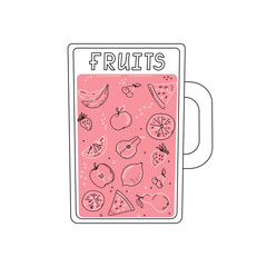 Set of abstract fruits in a mug. Line art style. Doodle drawings with colored spots. Vector illustration.