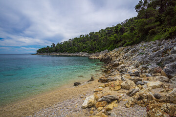 Fototapeta na wymiar Scenic view at the rocky beach Leftos Gialos in Alonissos island, Sporades, Greece