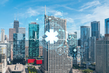 Aerial panorama city of Chicago downtown area, day time, Illinois, USA. Birds eye view, skyscrapers, skyline. Health care digital medicine hologram. The concept of treatment and disease prevention