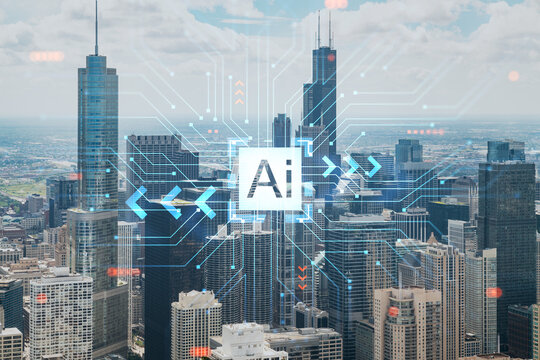Aerial panorama city, Chicago downtown area, day time, Illinois, USA. Birds eye view, skyline. Hologram of Artificial Intelligence concept. AI and business, machine learning, neural network, robotics