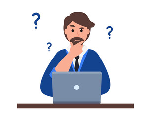 Young man is working on laptop and thinking. Thoughtful businessman. Brainstorm new idea. Vector illustration on white background.