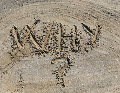 WHY in capital letters text with question mark on the sand of the sandy beach