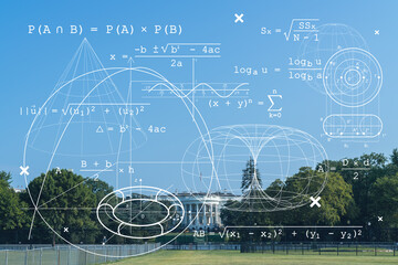 The White House on sunny day, Washington DC, USA. Executive branch. President administration. Technologies and education concept. Academic research, top ranking university, hologram