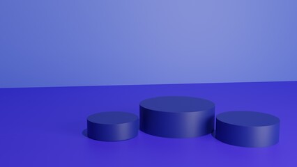 Blue podiums, pedestals on blue background. 3D Render