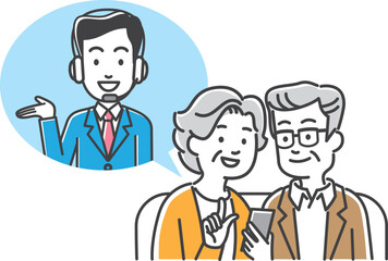 自宅でオンライン相談を受けるシニア夫婦のイメージイラスト素材