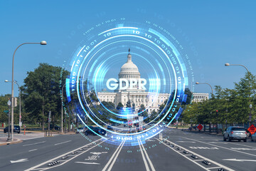 Capitol dome building exterior, Washington DC, USA. Home of Congress and Capitol Hill. American political system. GDPR hologram, concept of data protection regulation and privacy for all individuals © VideoFlow