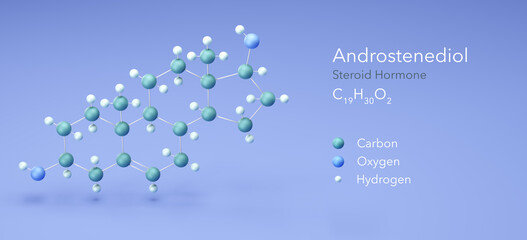 androstenediol, Steroid Hormone. Molecular formula 3d rendering, Structural Chemical Formula and Atoms with Color Coding, 3d rendering