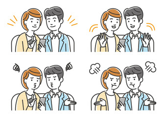 スマートホンを使う若いカップルの表情バリエーション