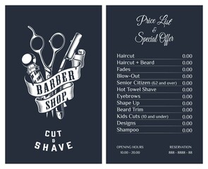 Vector Illustration business card price list and special offer for barber shop. Pricelist for barber shop with label opening hours and reservation on blue background. Printable template. Vintage style