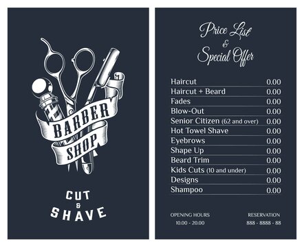 Vector Illustration business card price list and special offer for barber  shop. Pricelist for barber shop with label opening hours and reservation on  blue background. Printable template. Vintage style Stock Vector |