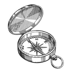 Fototapeta Vintage travel compass navigation with wind rose sketch engraving vector illustration. Hiking compass isolated obraz