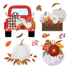 Autumn illustrations set. Red pickup truck, rustic wood crate, pastel pumpkins, flowers, leaves, and foliage. Isolated elements on white background. Fall Thanksgiving, harvest graphic design - obrazy, fototapety, plakaty