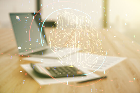 Double exposure of creative artificial Intelligence interface on blurry calculator with laptop background. Neural networks and machine learning concept