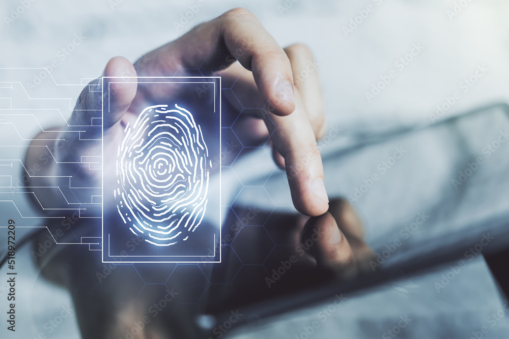 Poster abstract creative fingerprint concept with finger clicks on a digital tablet on background. multiexp
