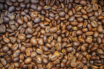 top view brown and black coffee beans background,  fresh, food, drink, banner, template, copy space