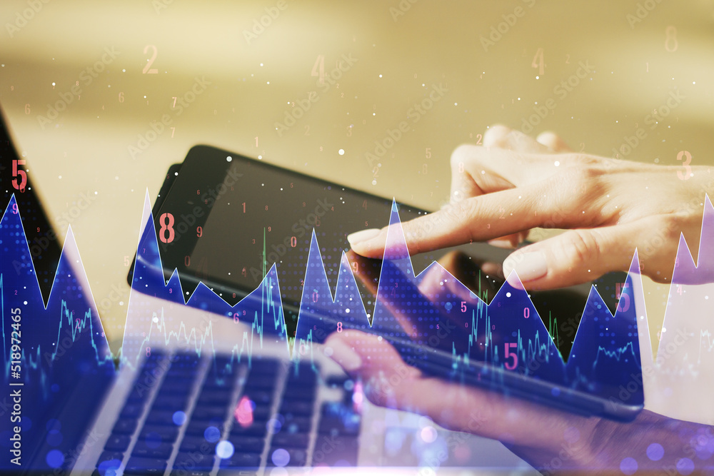Aufkleber abstract creative analytics data spreadsheet with finger clicks on a digital tablet on background, a
