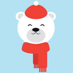 Vector polar bear head in red hat and scarf in cartoon style